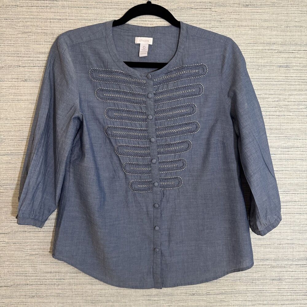 Chicos Women's Lightweight Napoleon Top Blue Beaded Button Up Shirt Small US 4/6